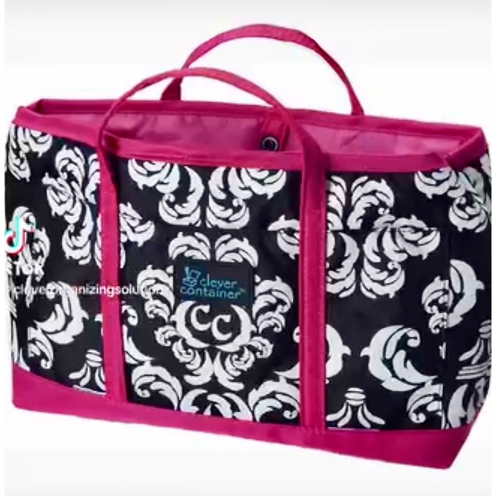 Compact Dual Handled Zippered Accessory Purse Organizer - Damask‎ w/ Pink